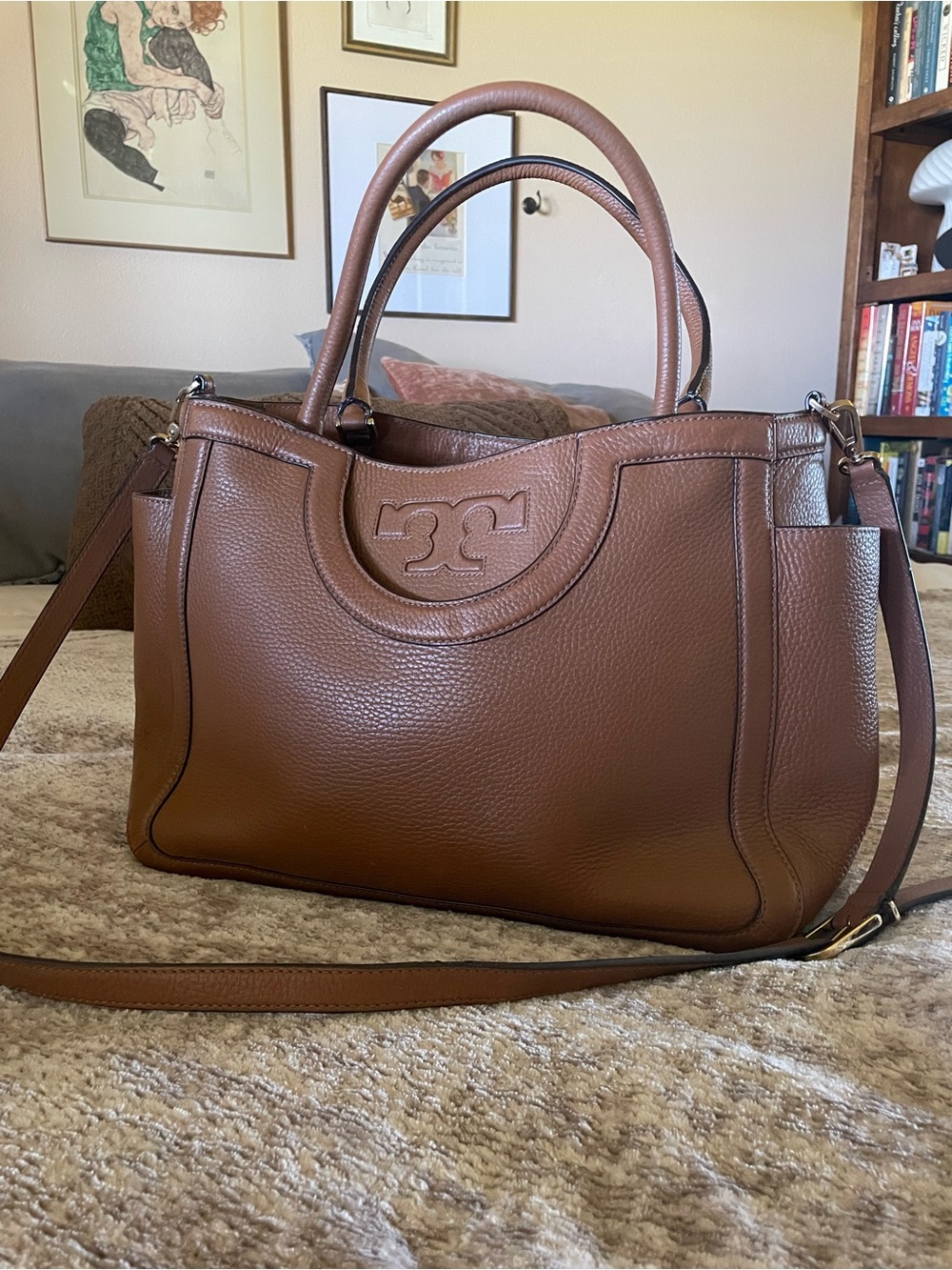 Tory Burch Brown Pebbled Leather Tote Purse with Detachable Strap